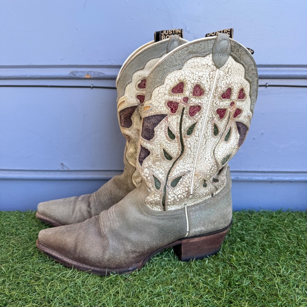 Vtg Justin Flower Boots Leather Western Cowboy Boots Womens Size 8 B Snip Toe